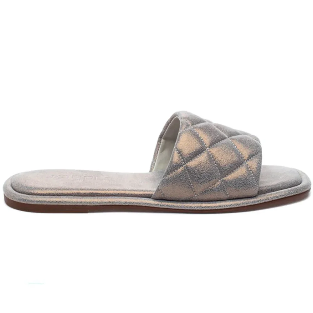 J Slides Yoel Bronze Metallic Quilted Leather Flat Slide Sandal
